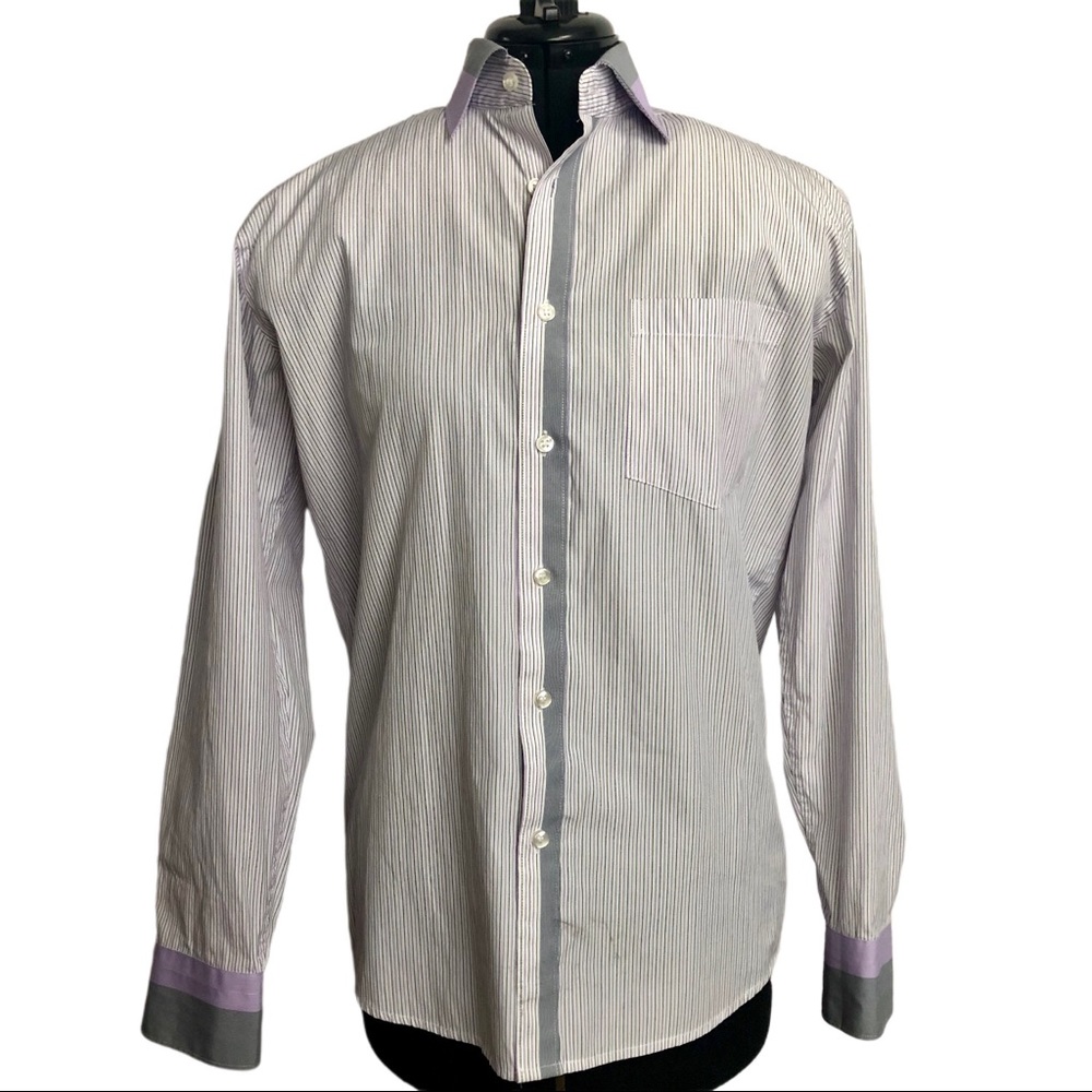 Slim Fit Multicolor Striped Dress Shirt | Black, White, Purple | Size: XL